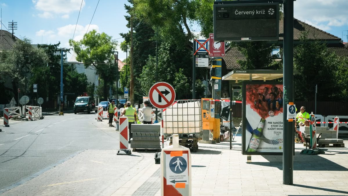 Construction site in Bratislava showing road renewal and urban development.